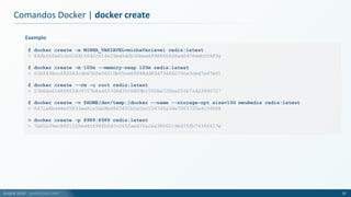 André Justi - andrejusti.com
Comandos Docker | docker create
37
$ docker create -e MINHA_VARIAVEL=minhaVariavel redis:latest
> 840bf6fa81cb026d15fd2c514e25bd5d2b36bea6f98650428adfd786eb559f3a
$ docker create -m 100m --memory-swap 120m redis:latest
> 01bf438ccf92043c3b67bfe06215b05ce6f898dd83d73465279ca3cbd7a97e61
$ docker create --rm -u root redis:latest
> 27b6da614858f24c9757b8a4f27d4d3526809b1592be725ba251b71d23960727
$ docker create -v $HOME/dev/temp:/docker --name --storage-opt size=10G meuRedis redis:latest
> 0471a8bd44ef5833ae81a5de8b6863451b5a1bc1047d5a34e7003720a4c34068
> docker create -p 8989:8989 redis:latest
> 7ab5a99ec88f1220ed4cf98fb5d7c265faed76ac6a3806219bd75fb74366417e
Exemplo
 