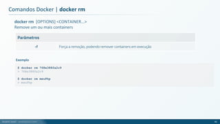 André Justi - andrejusti.com
docker rm [OPTIONS] <CONTAINER...>
Remove um ou mais containers
Parâmetros
-f Força a remoção, podendo remover containers em execução
Comandos Docker | docker rm
45
$ docker rm 768e388fa2c9
> 768e388fa2c9
$ docker rm meuPhp
> meuPhp
Exemplo
 