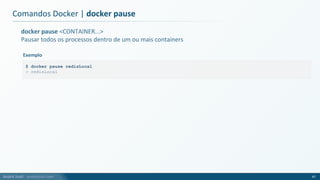 André Justi - andrejusti.com
docker pause <CONTAINER...>
Pausar todos os processos dentro de um ou mais containers
Comandos Docker | docker pause
47
$ docker pause redisLocal
> redisLocal
Exemplo
 