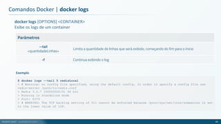 André Justi - andrejusti.com
docker logs [OPTIONS] <CONTAINER>
Exibe os logs de um container
Parâmetros
--tail
<quantidadeLinhas>
Limita a quantidade de linhas que será exibido, começando do fim para o inicio
-f Continua exibindo o log
Comandos Docker | docker logs
49
$ docker logs --tail 5 redisLocal
> # Warning: no config file specified, using the default config. In order to specify a config file use
redis-server /path/to/redis.conf
> Redis 3.2.7 (00000000/0) 64 bit
> Running in standalone mode
> Port: 6379
> # WARNING: The TCP backlog setting of 511 cannot be enforced because /proc/sys/net/core/somaxconn is set
to the lower value of 128.
Exemplo
 