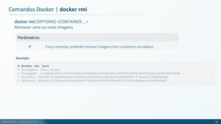 André Justi - andrejusti.com
docker rmi [OPTIONS] <CONTAINER....>
Remover uma ou mais imagens
Parâmetros
-f Força remoção, podendo remover imagens com containers vinculados
Comandos Docker | docker rmi
50
$ docker rmi java
> Untagged: java:latest
> Untagged: java@sha256:c1ff613e8ba25833d2e1940da0940c3824f03f802c449f3d1815a66b7f8c0e9d
> Deleted: sha256:d23bdf5b1b1b1afce5f1d0fd33e7ed8afbc084b594b9ccf742a5b27080d8a4a8
> Deleted: sha256:0132aeca1bc9ac49d397635d34675915693a8727b103639ddee3cc5438e0f60
Exemplo
 