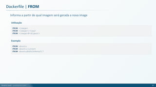 André Justi - andrejusti.com
Informa a partir de qual imagem será gerada a nova image
Dockerfile | FROM
57
FROM <image>
FROM <image>:<tag>
FROM <image>@<digest>
Utilização
FROM ubuntu
FROM ubuntu:latest
FROM ubuntu@d2b1b8e4a217
Exemplo
 
