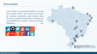 André Justi - andrejusti.com
Com certeza a comunidade Docker é um dos
seus pontos fortes, são centenas de grupos
de meetups espalhados pelo mundo, além
de fóruns, grupos de facebook e milhares de
contribuidores no Twitter, GitHub, YouTube,
SlideShare etc.
7
Comunidade
Meetups Docker
Brasil
 