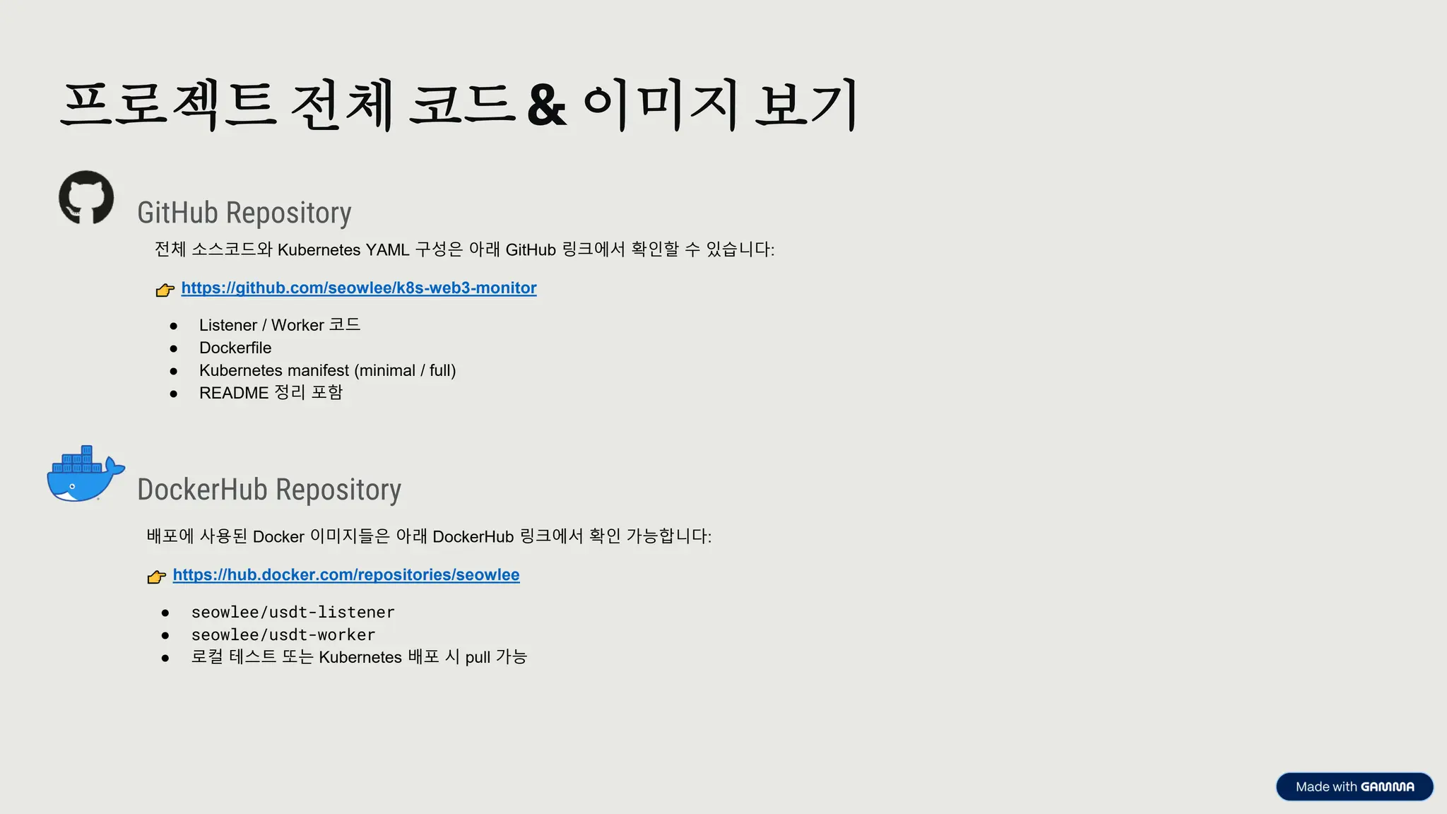 preencoded.png
프로젝트 전체 코드& 이미지보기
GitHub Repository
전체 소스코드와 Kubernetes YAML 구성은 아래 GitHub 링크에서 확인할 수 있습니다:
https://github.com/seowlee/k8s-web3-monitor
● Listener / Worker 코드
● Dockerfile
● Kubernetes manifest (minimal / full)
● README 정리 포함
DockerHub Repository
배포에 사용된 Docker 이미지들은 아래 DockerHub 링크에서 확인 가능합니다:
https://hub.docker.com/repositories/seowlee
● seowlee/usdt-listener
● seowlee/usdt-worker
● 로컬 테스트 또는 Kubernetes 배포 시 pull 가능
 
