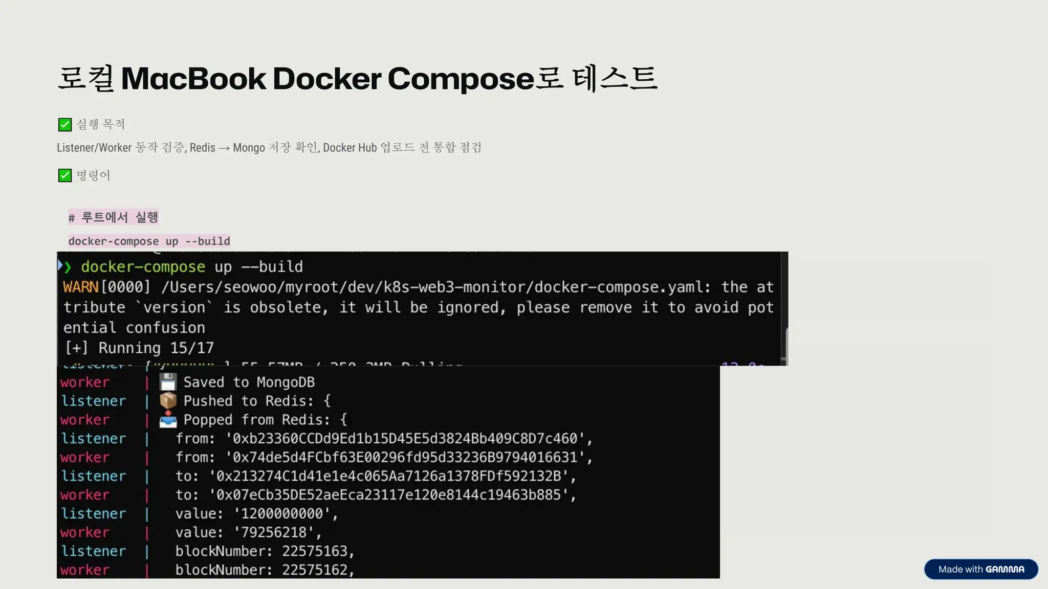 preencoded.png
로컬MacBook Docker Compose로 테스트
실행 목적
Listener/Worker 동작 검증, Redis → Mongo 저장 확인, Docker Hub 업로드 전 통합 점검
명령어
# 루트에서 실행
docker-compose up --build
 