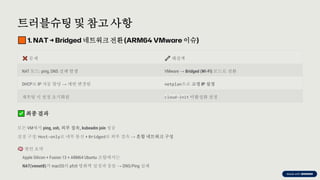 preencoded.png
트러블슈팅 및 참고 사항
1. NAT → Bridged 네트워크전환(ARM64 VMware 이슈)
문제 해결책
NAT 모드: ping, DNS 실패 발생 VMware → Bridged (Wi-Fi) 모드로 전환
DHCP로 IP 자동 할당 → 매번 변경됨 netplan으로 고정 IP 설정
재부팅 시 설정 초기화됨 cloud-init 비활성화 설정
최종결과
모든 VM에서 ping, ssh, 외부 접속, kubeadm join 성공
실질 구성: Host-only로 내부 통신 + Bridged로 외부 접속 → 혼합 네트워크 구성
원인 요약
Apple Silicon + Fusion 13 + ARM64 Ubuntu 조합에서는
NAT(vmnet8)가 macOS의 pfctl 방화벽 설정과 충돌 → DNS/Ping 실패
 