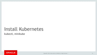 Install Kubernetes
kubectl, minikube
Copyright © 2016, Oracle and/or its affiliates. All rights reserved. | 14
 