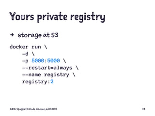 Yours private registry
4 storage at S3
docker run 
-d 
-p 5000:5000 
--restart=always 
--name registry 
registry:2
GDG Spa...