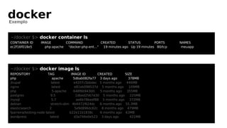 docker
Exemplo
~/docker $> docker container ls
CONTAINER ID IMAGE COMMAND CREATED STATUS PORTS NAMES
ec2f16f018e5 php:apache "docker-php-ent…" 19 minutes ago Up 19 minutes 80/tcp meuapp
~/docker $> docker image ls
REPOSITORY TAG IMAGE ID CREATED SIZE
php apache 5dbab082fa77 3 days ago 378MB
drupal latest e4207c5bbdec 5 months ago 446MB
nginx latest e81eb098537d 5 months ago 109MB
php 5-apache 648f6b943bfc 5 months ago 355MB
postgres 9.5 1dbed2567d30 5 months ago 225MB
mysql 5.7 ae6b78bedf88 5 months ago 372MB
debian stretch-slim 4b4471f624dc 6 months ago 55.3MB
elasticsearch 2 5e9d896dc62c 8 months ago 479MB
fparreira/testing-node latest b22e11b1838c 6 months ago 63MB
wordpress latest d3a744e0e523 3 days ago 421MB
 