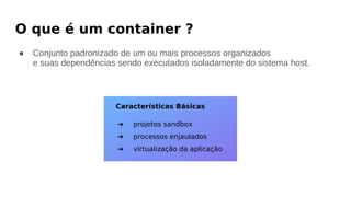 O que é um container ?
● Conjunto padronizado de um ou mais processos organizados
e suas dependências sendo executados isoladamente do sistema host.
Características Básicas
➔ projetos sandbox
➔ processos enjaulados
➔ virtualização da aplicação
 