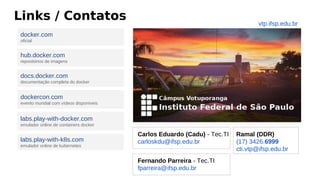 Links / Contatos
docker.com
oficial
hub.docker.com
repositórios de imagens
docs.docker.com
documentação completa do docker
dockercon.com
evento mundial com vídeos disponíveis
labs.play-with-k8s.com
emulador online de kubernetes
labs.play-with-docker.com
emulador online de containers docker
Carlos Eduardo (Cadu) - Tec.TI
carloskdu@ifsp.edu.br
Fernando Parreira - Tec.TI
fparreira@ifsp.edu.br
Ramal (DDR)
(17) 3426.6999
cti.vtp@ifsp.edu.br
vtp.ifsp.edu.br
 