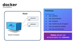 docker
Persistência
volume
/dir
Host
volume
/dir
Docker Container
Premissas
Containers:
➔ são voláteis
➔ são descartáveis
➔ são isolados
➔ são instâncias de imagens
➔ não armazenam dados
➔ não são persistentes
Dados devem ser
armazenados em volumes
 