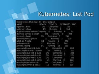 Kubernetes: List PodKubernetes: List Pod
[root@centos-16gb-sgp1-01 ~]# oc get pod
NAME READY STATUS RESTARTS AGE
bgdemo-1-build 0/1 Completed 0 16d
bgdemo-1-x0wlq 1/1 Running 0 16d
dc-gitlab-runner-service-3-wgn8q 1/1 Running 0 8d
dc-minio-service-1-n0614 1/1 Running 5 23d
frontend-1-build 0/1 Completed 0 24d
frontend-prod-1-gmcrw 1/1 Running 2 23d
gitlab-ce-7-kq0jp 1/1 Running 2 24d
hello-openshift 1/1 Running 2 24d
jenkins-3-8grrq 1/1 Running 12 21d
os-example-aspnet-2-build 0/1 Completed 0 22d
os-example-aspnet-3-6qncw 1/1 Running 0 21d
os-sample-java-web-1-build 0/1 Completed 0 22d
os-sample-java-web-2-build 0/1 Completed 0 22d
os-sample-java-web-3-build 0/1 Completed 0 22d
os-sample-java-web-3-sqf41 1/1 Running 0 22d
os-sample-python-1-build 0/1 Completed 0 22d
os-sample-python-1-p5b73 1/1 Running 0 22d
 