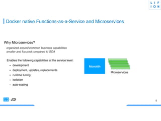 6
Docker native Functions-as-a-Service and Microservices
Why Microservices?
organized around common business capabilities
smaller and focused compared to SOA
Enables the following capabilities at the service level:
- development
- deployment, updates
- runtime tuning
- isolation
- auto-scaling
Monolith
Microservices
 