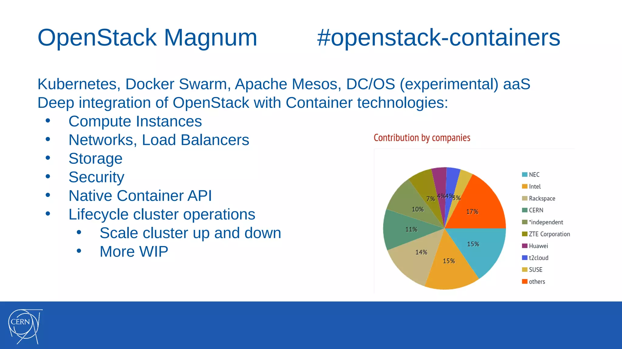 OpenStack Magnum #openstack-containers
Kubernetes, Docker Swarm, Apache Mesos, DC/OS (experimental) aaS
Deep integration of OpenStack with Container technologies:
• Compute Instances
• Networks, Load Balancers
• Storage
• Security
• Native Container API
• Lifecycle cluster operations
• Scale cluster up and down
• More WIP
 