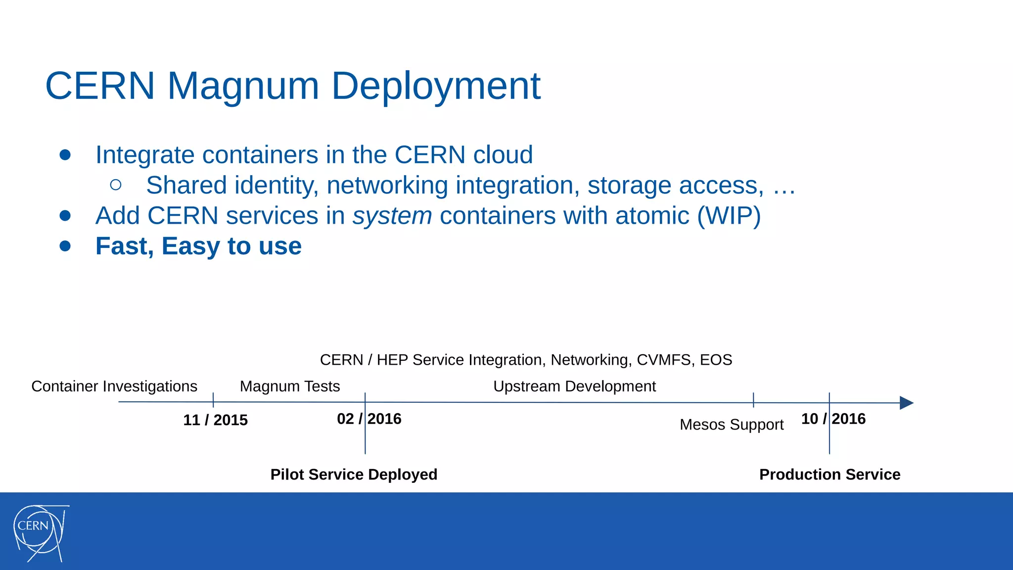 CERN Magnum Deployment
● Integrate containers in the CERN cloud
○ Shared identity, networking integration, storage access, …
● Add CERN services in system containers with atomic (WIP)
● Fast, Easy to use
Container Investigations Magnum Tests
Pilot Service Deployed
11 / 2015 02 / 2016
Production Service
CERN / HEP Service Integration, Networking, CVMFS, EOS
10 / 2016Mesos Support
Upstream Development
 