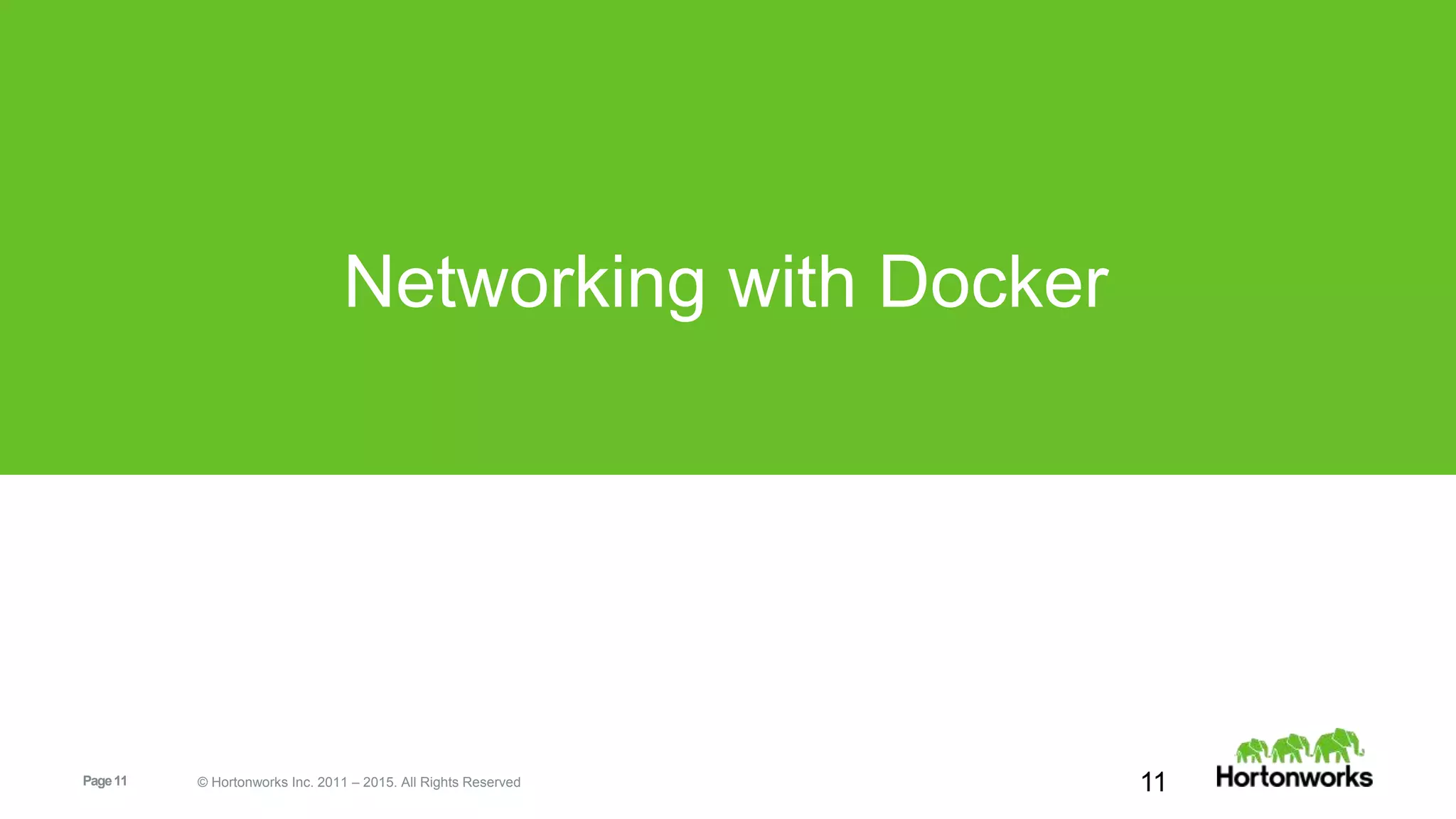 Page11 © Hortonworks Inc. 2011 – 2015. All Rights Reserved
Networking with Docker
11
 