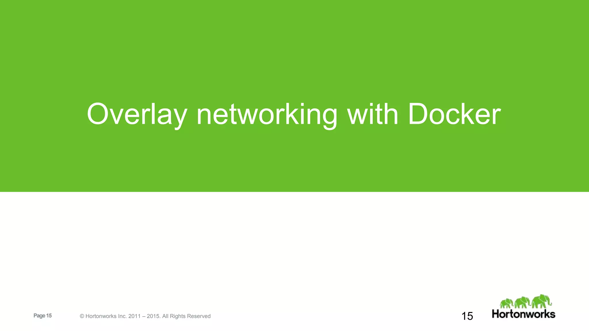 Page15 © Hortonworks Inc. 2011 – 2015. All Rights Reserved
Overlay networking with Docker
15
 