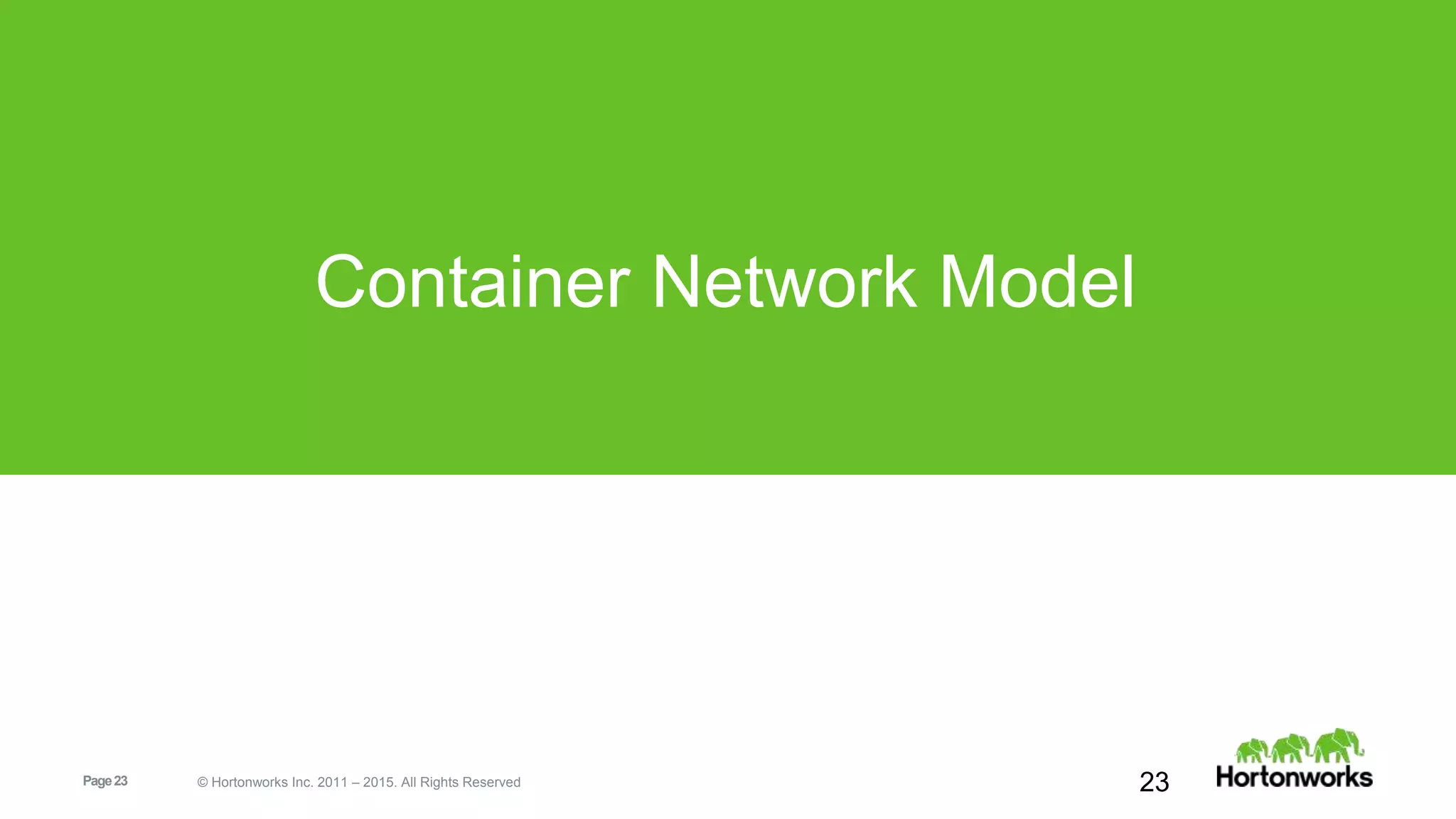 Page23 © Hortonworks Inc. 2011 – 2015. All Rights Reserved
Container Network Model
23
 