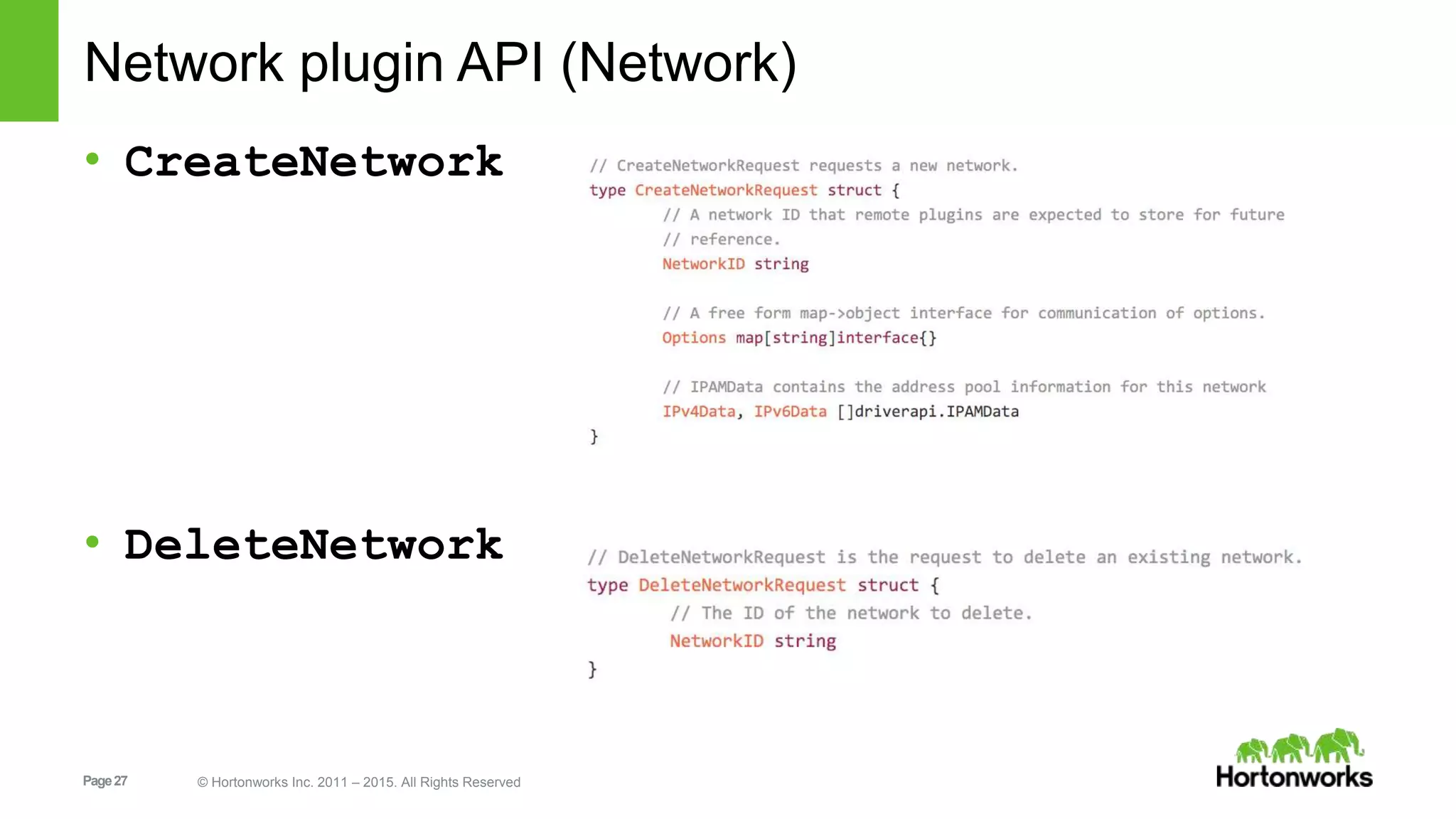 Page27 © Hortonworks Inc. 2011 – 2015. All Rights Reserved
Network plugin API (Network)
• CreateNetwork
• DeleteNetwork
 
