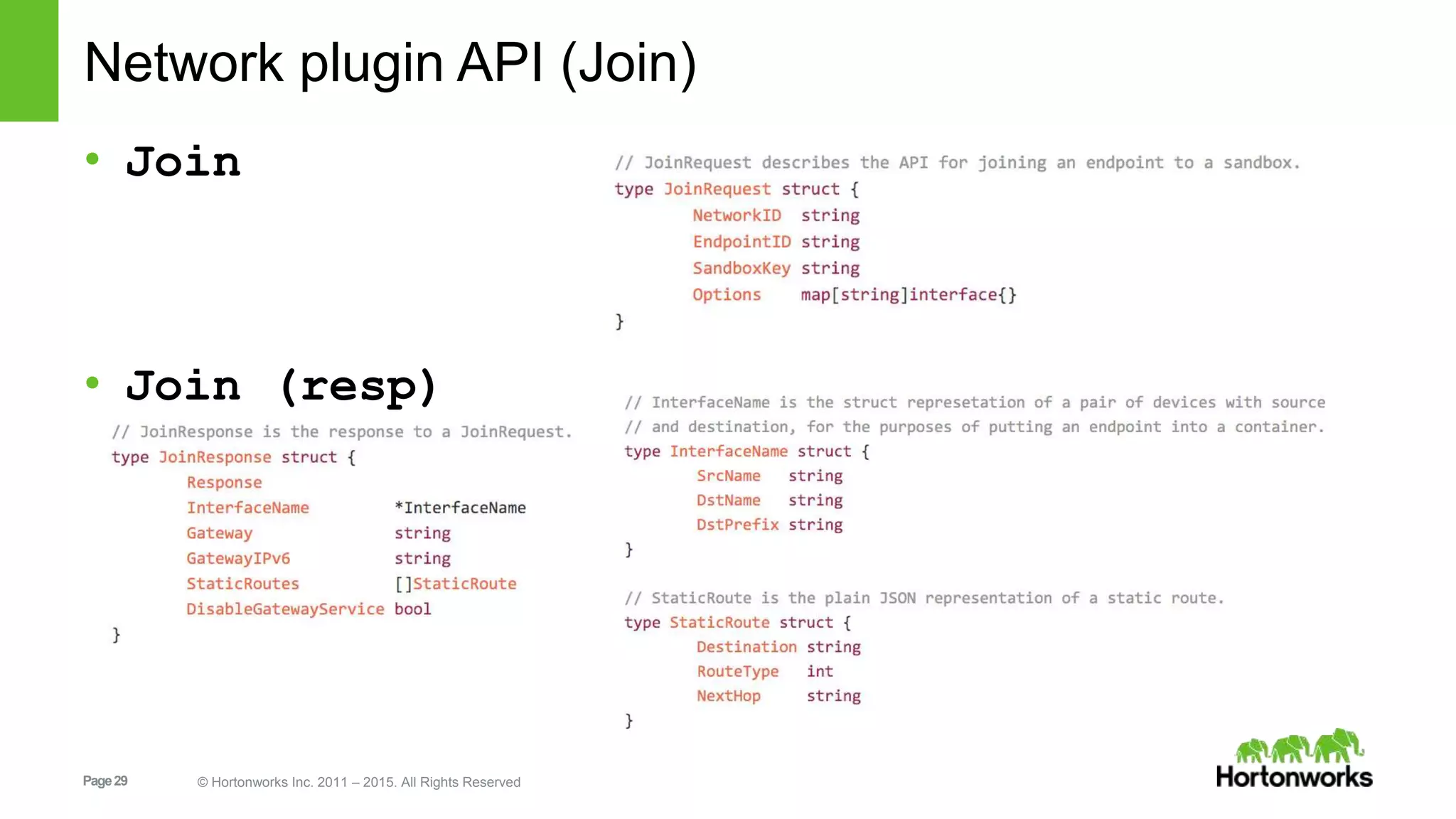 Page29 © Hortonworks Inc. 2011 – 2015. All Rights Reserved
Network plugin API (Join)
• Join
• Join (resp)
 