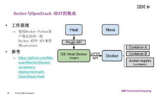 20 © 2013 IBM Corporation 
IBM Technical Computing 
Docker与OpenStack HEAT的集成 
• 工作原理 
– 使用Docker Python客 
户端去访问一组 
Docker HTTP API来管 
理container 
• 参考 
– https://github.com/Mar 
ouenMechtri/Docker-containers-deployment- 
with- 
OpenStack-Heat 
 