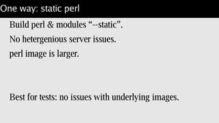 Zero protein pill
Use "-v" to add /lib4 and /opt/perl.
Image: Single #! script to start the application.
Images are a few KB.
Requires homogenous install of perl, application.
 