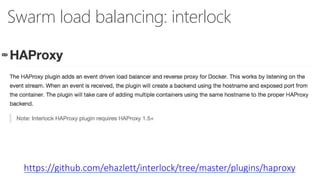Swarm load balancing: interlock
https://github.com/ehazlett/interlock/tree/master/plugins/haproxy
 