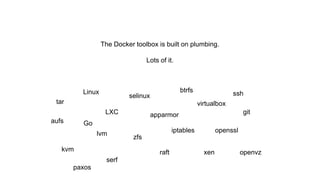 The Docker toolbox is built on plumbing.
Lots of it.
Linux
LXC
selinux
apparmor
aufs
lvm
zfs
btrfs
virtualbox
iptables openssl
tar
git
raft
serf
xenkvm openvz
paxos
ssh
Go
 