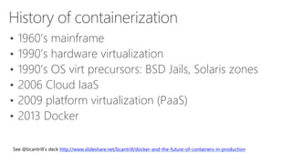 History of containerization
• 1960’s mainframe
• 1990’s hardware virtualization
• 1990’s OS virt precursors: BSD Jails, Solaris zones
• 2006 Cloud IaaS
• 2009 platform virtualization (PaaS)
• 2013 Docker
See @bcantrill’s deck http://www.slideshare.net/bcantrill/docker-and-the-future-of-containers-in-production
 