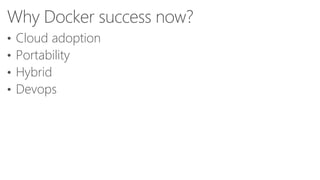 Why Docker success now?
• Cloud adoption
• Portability
• Hybrid
• Devops
 