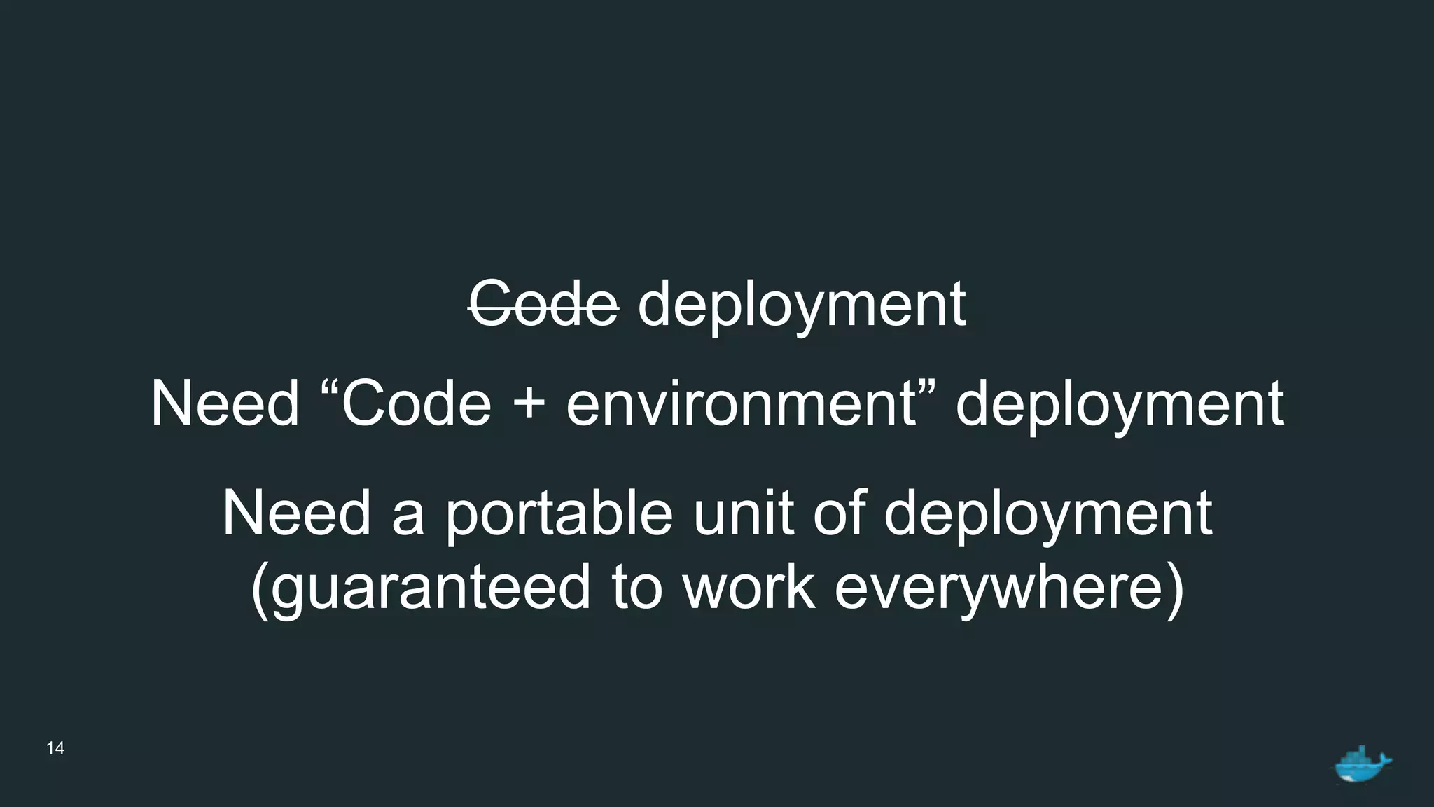 14
Code deployment
Need “Code + environment” deployment
Need a portable unit of deployment
(guaranteed to work everywhere)
 