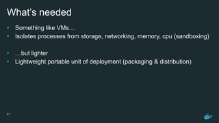 What’s needed
• Something like VMs…
• Isolates processes from storage, networking, memory, cpu (sandboxing)
• …but lighter
• Lightweight portable unit of deployment (packaging & distribution)
21
 