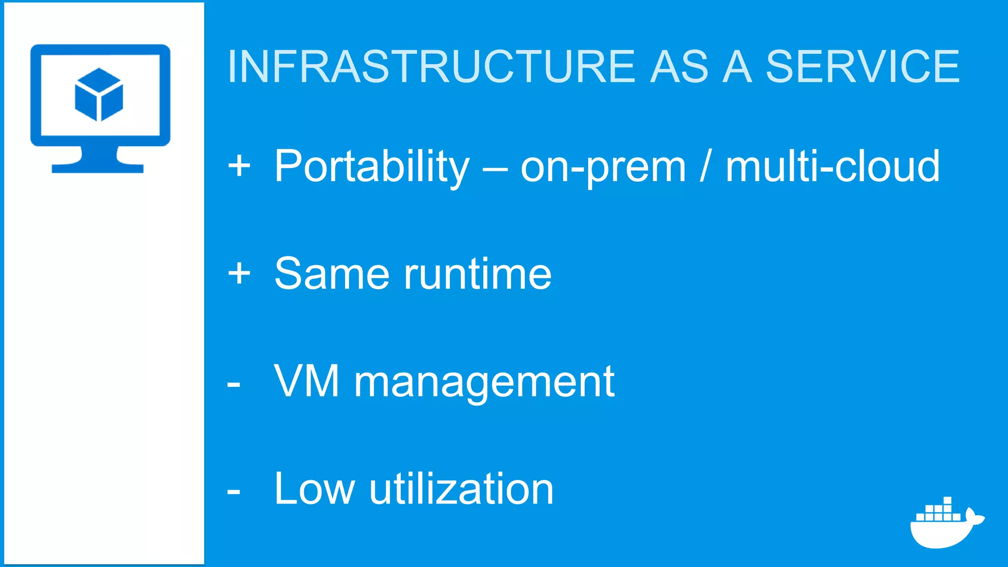 INFRASTRUCTURE AS A SERVICE
+ Portability – on-prem / multi-cloud
+ Same runtime
- VM management
- Low utilization
 