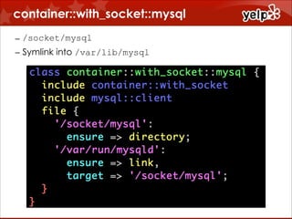 container::with_socket::mysql
– /socket/mysql
– Symlink into /var/lib/mysql

 