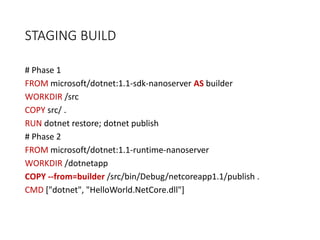 STAGING BUILD
# Phase 1
FROM microsoft/dotnet:1.1-sdk-nanoserver AS builder
WORKDIR /src
COPY src/ .
RUN dotnet restore; dotnet publish
# Phase 2
FROM microsoft/dotnet:1.1-runtime-nanoserver
WORKDIR /dotnetapp
COPY --from=builder /src/bin/Debug/netcoreapp1.1/publish .
CMD ["dotnet", "HelloWorld.NetCore.dll"]
 