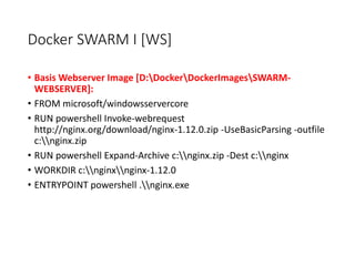 Docker SWARM I [WS]
• Basis Webserver Image [D:DockerDockerImagesSWARM-
WEBSERVER]:
• FROM microsoft/windowsservercore
• RUN powershell Invoke-webrequest
http://nginx.org/download/nginx-1.12.0.zip -UseBasicParsing -outfile
c:nginx.zip
• RUN powershell Expand-Archive c:nginx.zip -Dest c:nginx
• WORKDIR c:nginxnginx-1.12.0
• ENTRYPOINT powershell .nginx.exe
 
