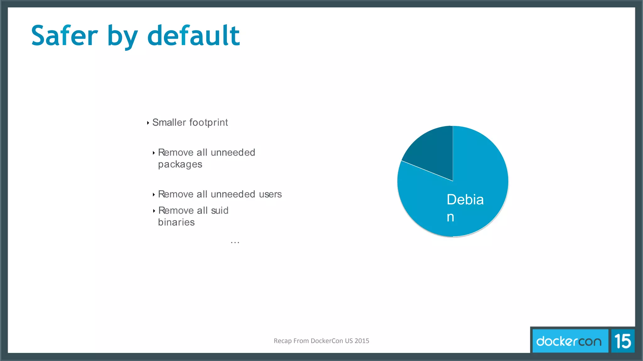 Safer by default
‣ Smaller footprint
‣ Remove all unneeded
packages
‣ Remove all unneeded users
‣ Remove all suid
binaries
…
Debia
n
Recap	
  From	
  DockerCon	
  US	
  2015	
  
 
