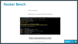 Docker Bench
https://dockerbench.com/
‣ Fully automated
‣ Shipped as a container that tests containers
Recap	
  From	
  Do...