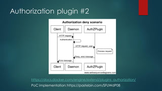 Authorization plugin #2
https://docs.docker.com/engine/extend/plugins_authorization/
PoC implementation: https://pastebin.com/SFUWdP08
 