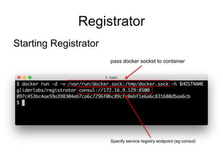 Registrator
Starting Registrator
pass docker socket to container
Specify service registry endpoint (eg consul)
 