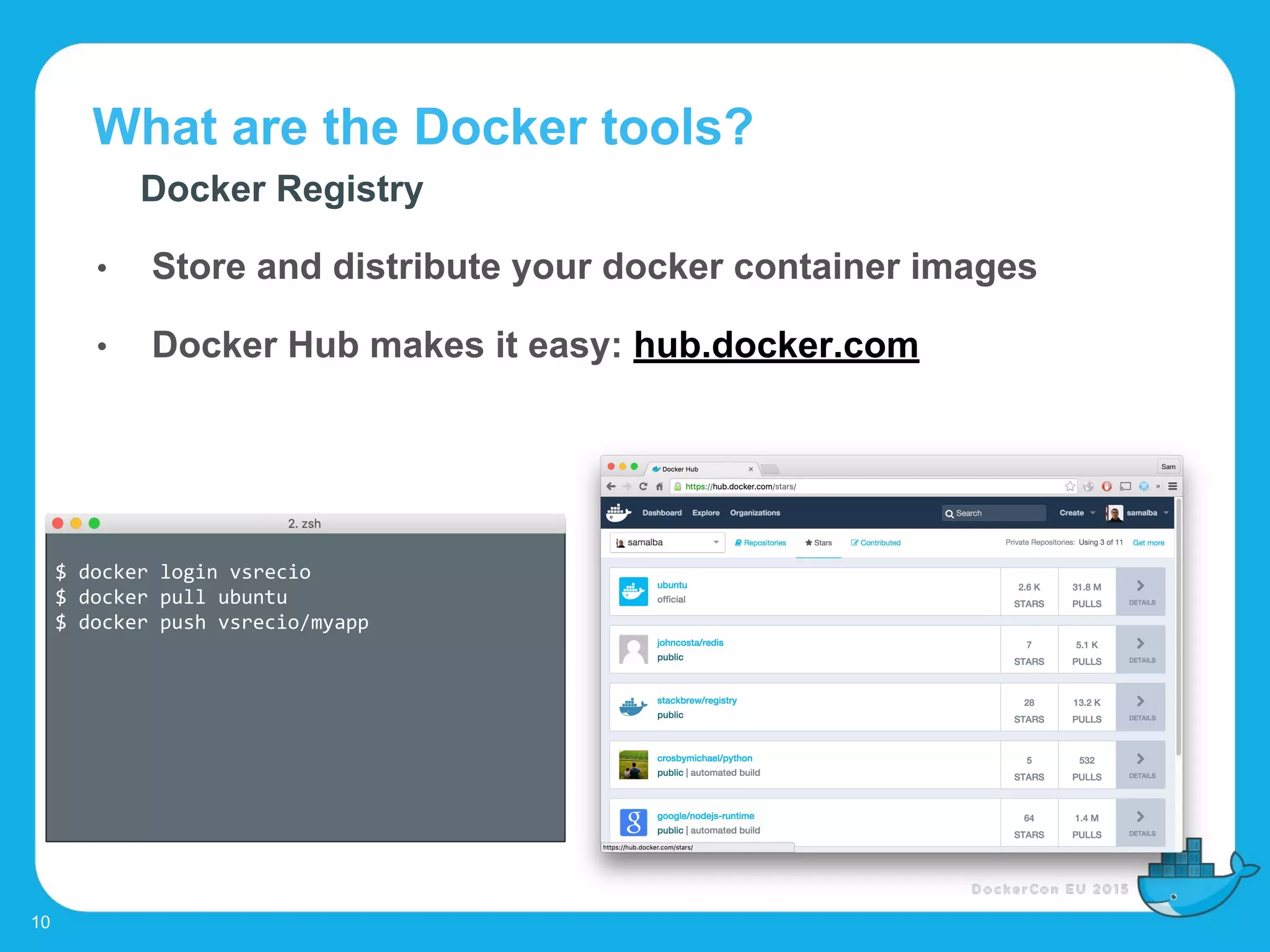 What are the Docker tools?
10
Docker Registry
• Store and distribute your docker container images
• Docker Hub makes it easy: hub.docker.com
$ docker login vsrecio
$ docker pull ubuntu
$ docker push vsrecio/myapp
 