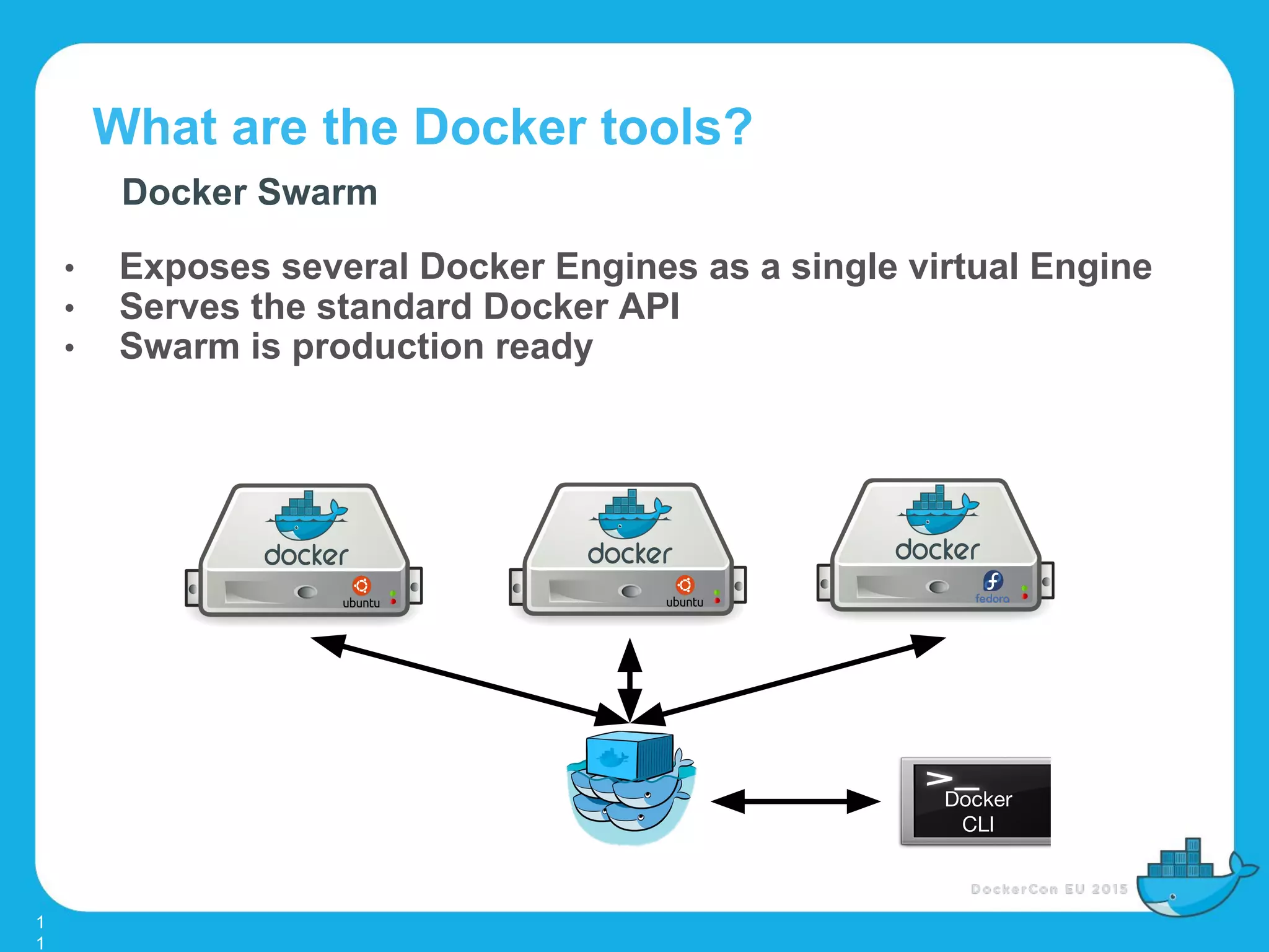 What are the Docker tools?
1
1
Docker Swarm
• Exposes several Docker Engines as a single virtual Engine
• Serves the standard Docker API
• Swarm is production ready
Docker
CLI
 
