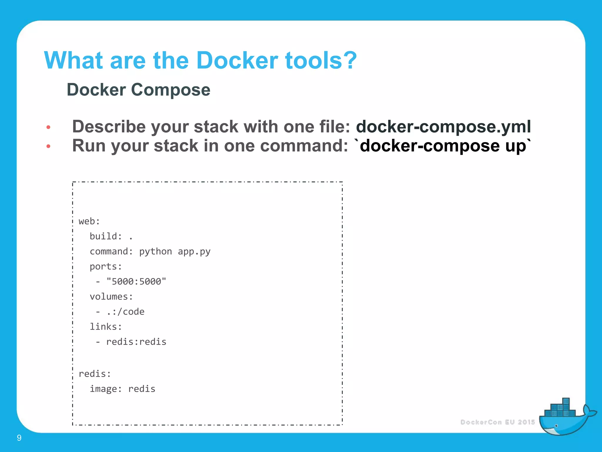 What are the Docker tools?
9
Docker Compose
• Describe your stack with one file: docker-compose.yml
• Run your stack in one command: `docker-compose up`
web:
build: .
command: python app.py
ports:
- "5000:5000"
volumes:
- .:/code
links:
- redis:redis
redis:
image: redis
 