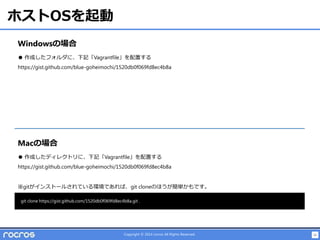 11Copyright © 2014 rocros All Rights Reserved.
ホストOSを起動
Macの場合
● 作成したディレクトリに、下記「Vagrantfile」を配置する
https://gist.github.com/blue-goheimochi/1520db0f069fd8ec4b8a
Windowsの場合
● 作成したフォルダに、下記「Vagrantfile」を配置する
https://gist.github.com/blue-goheimochi/1520db0f069fd8ec4b8a
※gitがインストールされている環境であれば、git cloneのほうが簡単かもです。
git clone https://gist.github.com/1520db0f069fd8ec4b8a.git .
 
