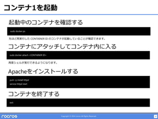 24Copyright © 2014 rocros All Rights Reserved.
コンテナ1を起動
起動中のコンテナを確認する
sudo docker ps
コンテナにアタッチしてコンテナ内に入る
sudo docker attach <CONTAINER ID>
Apacheをインストールする
yum –y install httpd
service httpd start
先ほど再実行した CONTAINER ID のコンテナが起動していることが確認できます。
再度シェルが実行できるようになります。
コンテナを終了する
exit
 