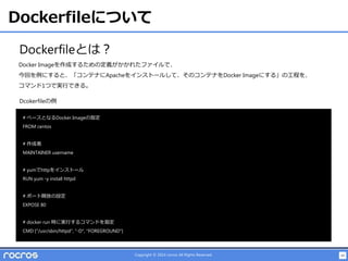 44Copyright © 2014 rocros All Rights Reserved.
Dockerfileについて
Dockerfileとは？
# ベースとなるDocker Imageの指定
FROM centos
# 作成者
MAINTAINER username
# yumでhttpをインストール
RUN yum -y install httpd
# ポート開放の設定
EXPOSE 80
# docker run 時に実行するコマンドを指定
CMD ["/usr/sbin/httpd", "-D", "FOREGROUND"]
Docker Imageを作成するための定義がかかれたファイルで、
今回を例にすると、「コンテナにApacheをインストールして、そのコンテナをDocker Imageにする」の工程を、
コマンド1つで実行できる。
Dcokerfileの例
 