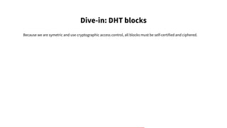 Dive-in: DHT blocks
Because we are symetric and use cryptographic access control, all blocks must be self-certified and ci...