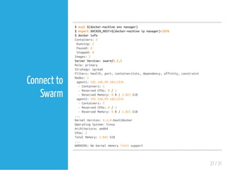 $eval$(docker-machineenvmanager)
$exportDOCKER_HOST=$(docker-machineipmanager):3376
$dockerinfo
Containers:2
Running:2
Paused:0
Stopped:0
Images:2
ServerVersion:swarm/1.2.1
Role:primary
Strategy:spread
Filters:health,port,containerslots,dependency,affinity,constraint
Nodes:2
agent1:192.168.99.101:2376
-Containers:1
-ReservedCPUs:0/1
-ReservedMemory:0B/1.021GiB
agent2:192.168.99.102:2376
-Containers:1
-ReservedCPUs:0/1
-ReservedMemory:0B/1.021GiB
...
KernelVersion:4.4.8-boot2docker
OperatingSystem:linux
Architecture:amd64
CPUs:2
TotalMemory:2.042GiB
...
WARNING:Nokernelmemorylimitsupport
27 / 31
Connect to
Swarm
 