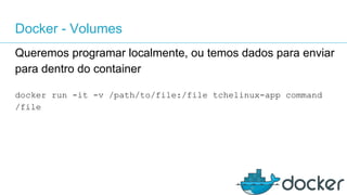 Docker - Volumes
Queremos programar localmente, ou temos dados para enviar
para dentro do container
docker run -it -v /path/to/file:/file tchelinux-app command
/file
 